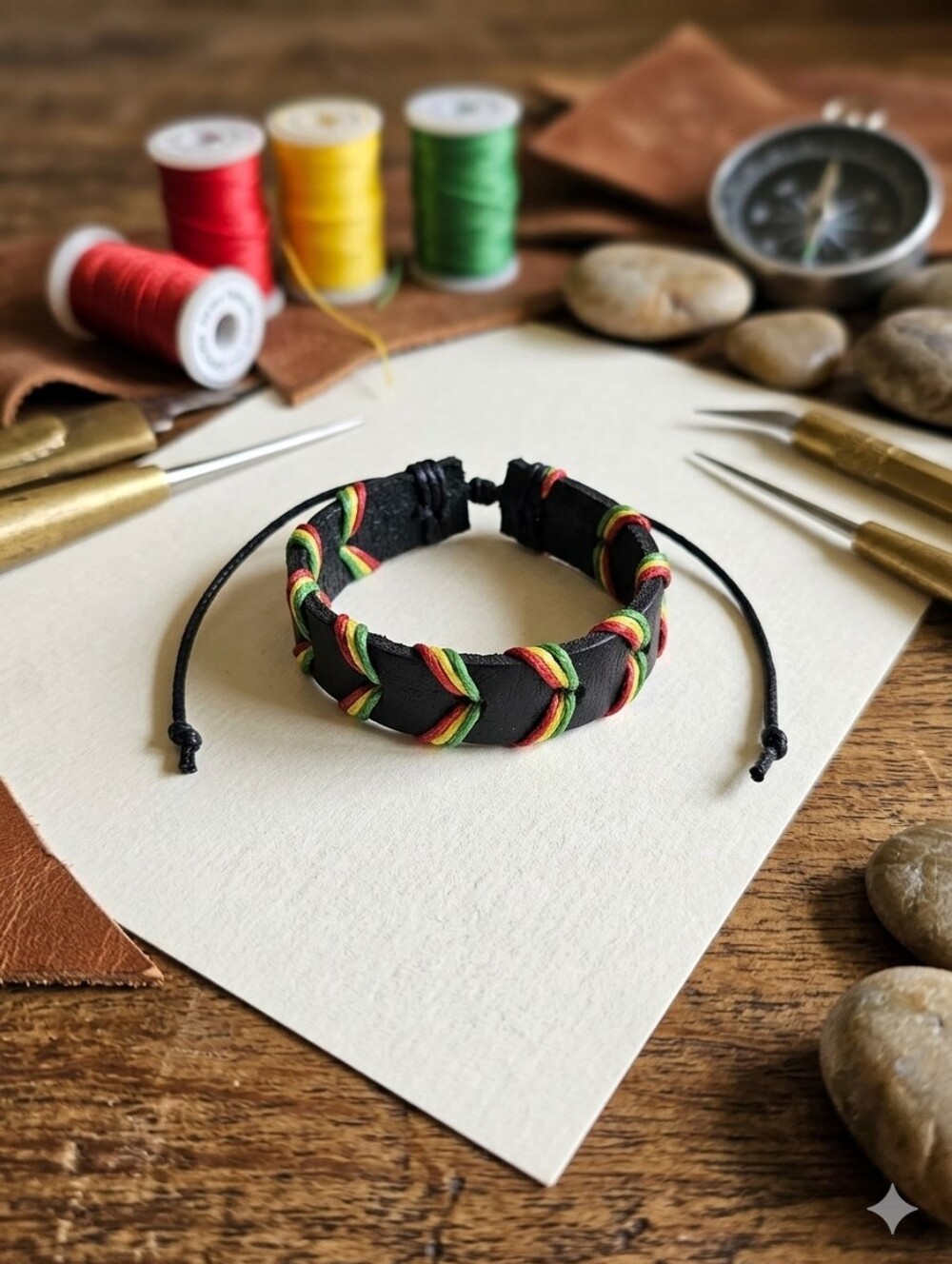 Handwoven Black Leather Bracelet with Red, Yellow, Green Accents